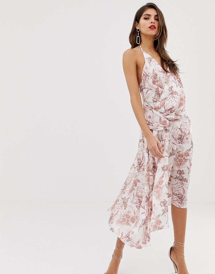 ASOS DESIGN strappy midi dress in satin with ruched drape side in tolie du joie-Multi