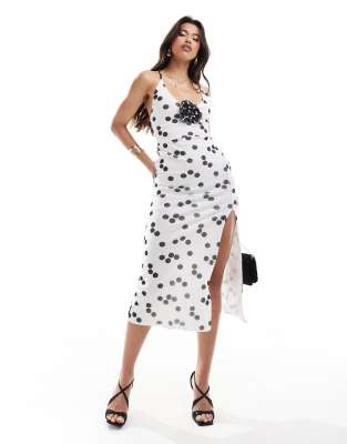 Asos Design Strappy Midi Dress With Contrast Corsage In Polka Dot-multi