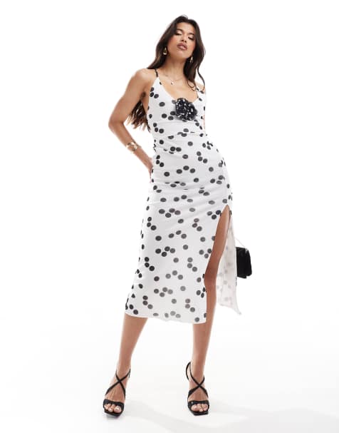 ASOS DESIGN strappy midi dress with contrast corsage in polka dot - view 1