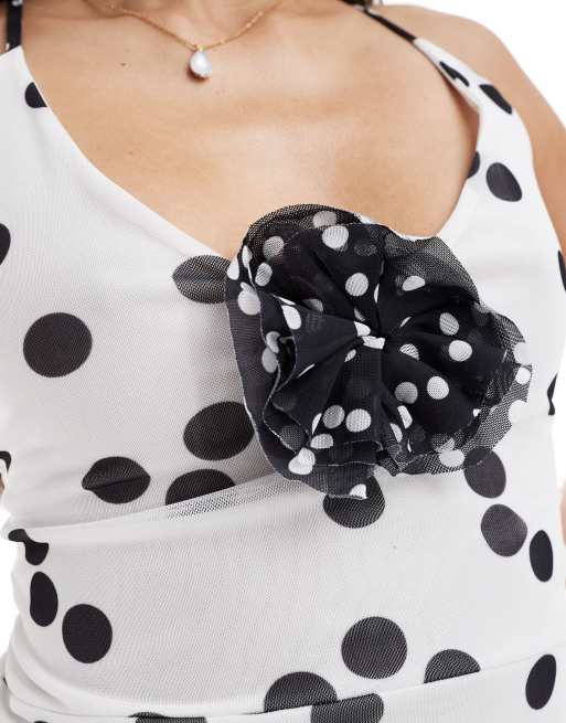 ASOS DESIGN strappy midi dress with contrast corsage in polka dot, 2 of 4