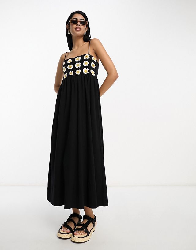 ASOS DESIGN strappy midi dress with crochet daisy detail in black