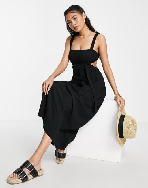 ASOS DESIGN strappy midi dress with cut outs and tie back detail in black