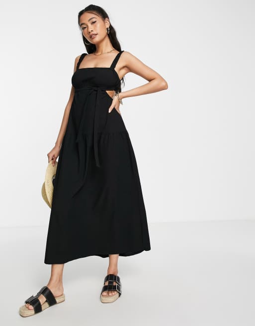 ASOS Tie Strap Clean Broderie Midi Sundress in Black