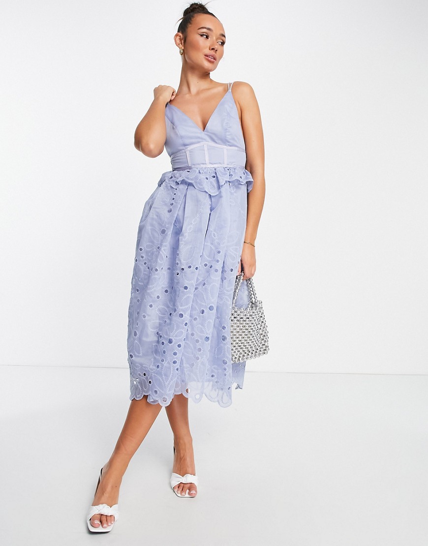 ASOS DESIGN strappy midi dress with floral broderie and lace insert detail in blue