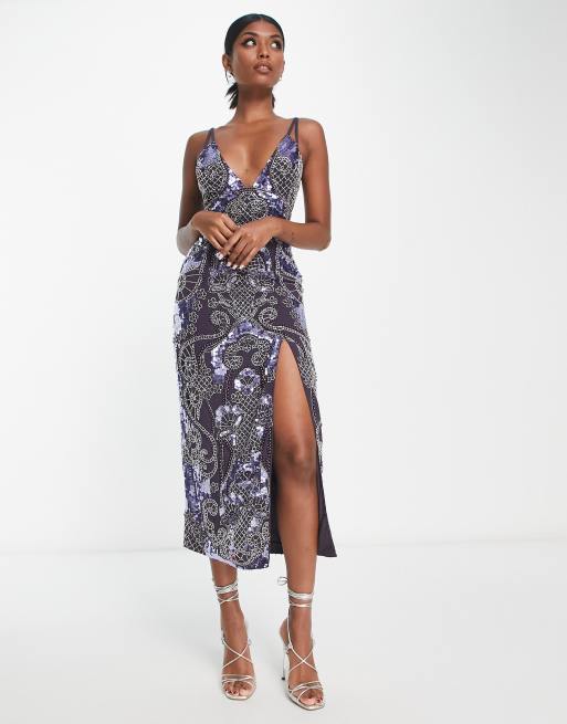 ASOS DESIGN strappy midi dress with floral embellished artwork and pearl  detail in purple