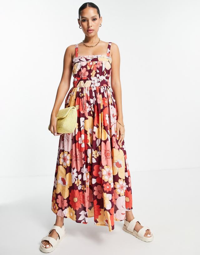 ASOS DESIGN strappy midi skater sundress in bold retro floral