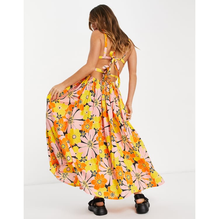 ASOS DESIGN strappy midi skater sundress in bold yellow floral ASOS