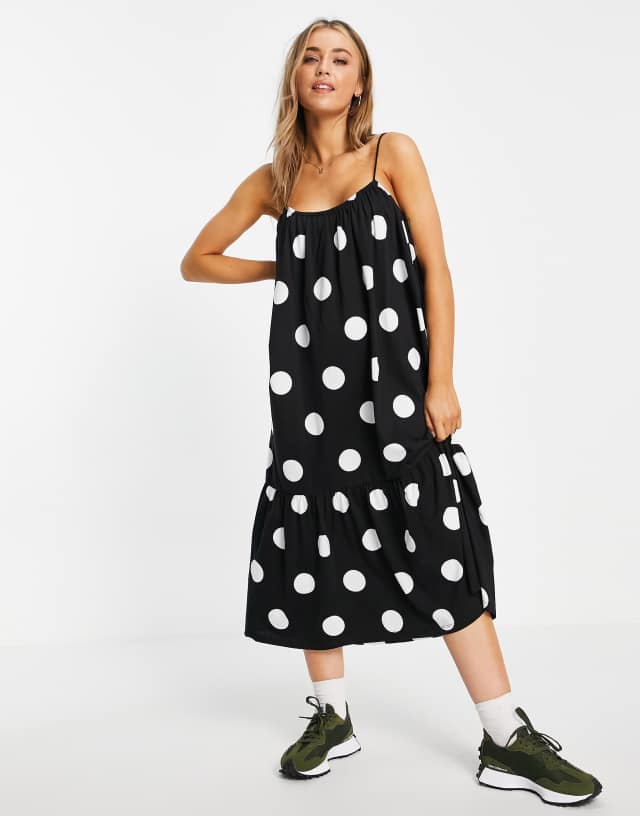 ASOS DESIGN strappy midi sundress with pep hem in giant dot