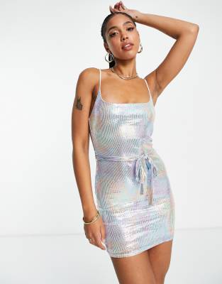 ASOS DESIGN sequin embellished cami mini dress with belt in blue