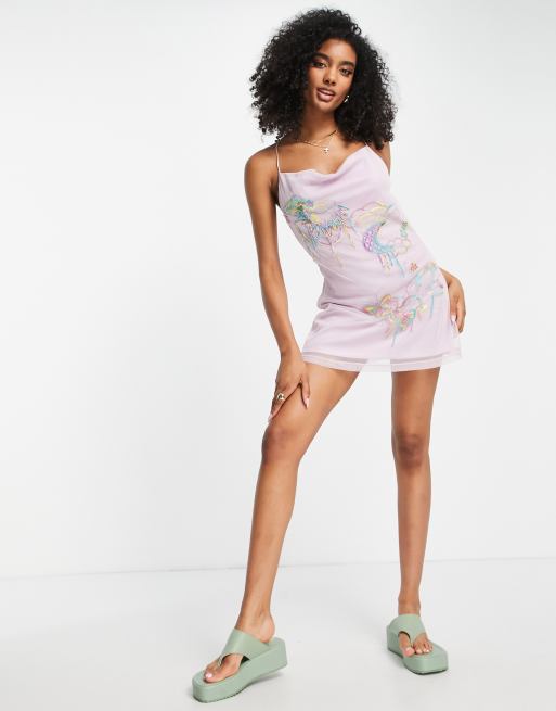 ASOS DESIGN strappy mini dress with butterfly embroidery in lilac