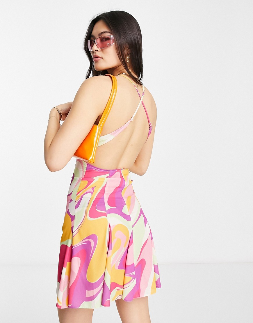ASOS DESIGN strappy mini dress with godet skirt in bright swirl-Multi