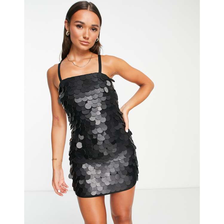 ASOS DESIGN strappy mini dress with PU disc sequin in black