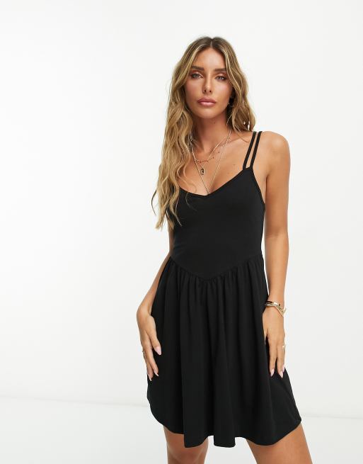 ASOS DESIGN strappy mini dress with v waist seam in black