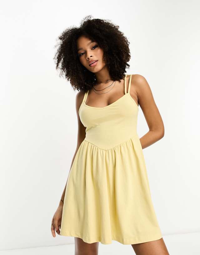 ASOS DESIGN strappy mini dress with v waist seam in lemon