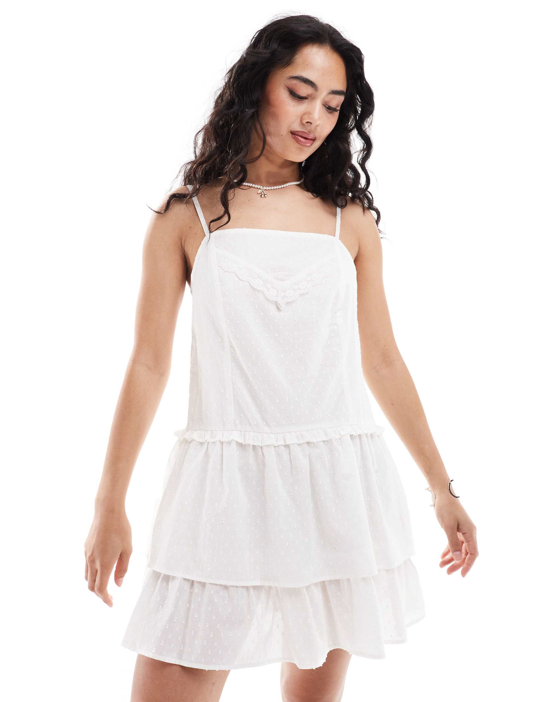 asos design strappy mini lace dress with tiered ruffle skirt in off white