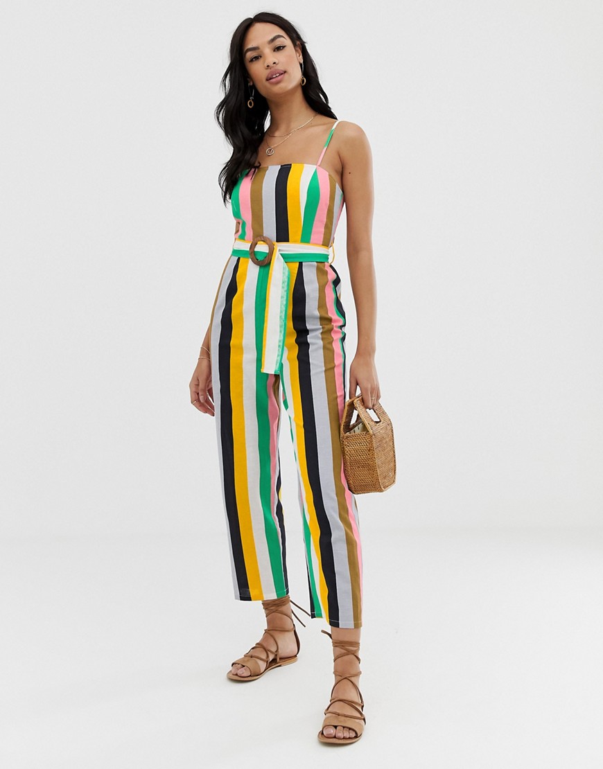 ASOS DESIGN strappy pinny belted jumpsuit in stripe print-Multi