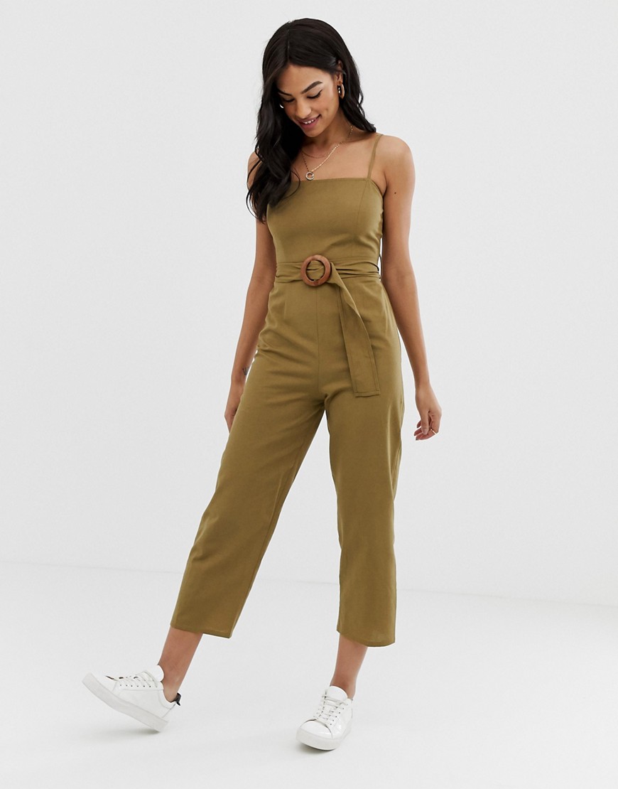 ASOS DESIGN strappy pinny belted jumpsuit-Green