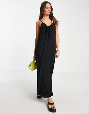 ASOS DESIGN strappy pleated back maxi dress with tie detail in black  | ASOS