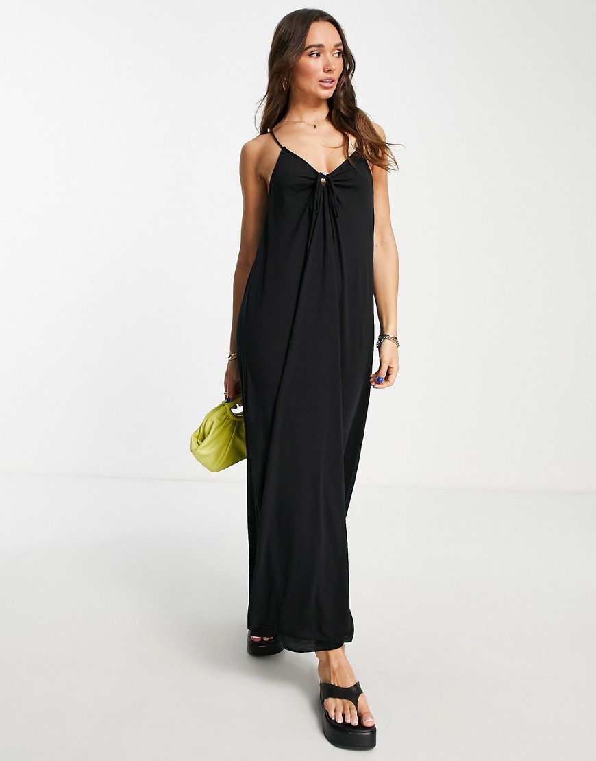 ASOS DESIGN strappy pleated back maxi dress with tie detail in black