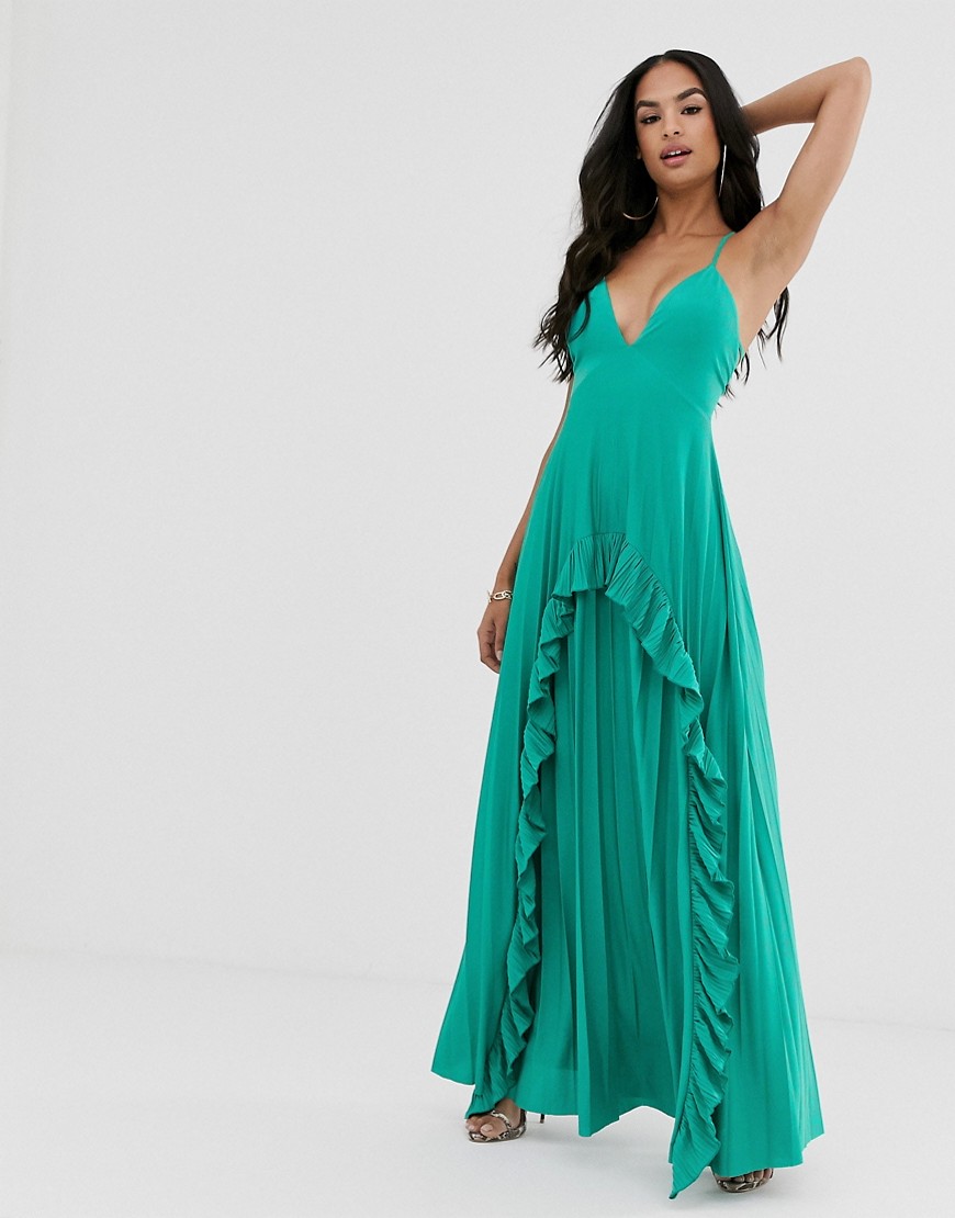 ASOS DESIGN Strappy pleated maxi dress with ruffle pleat detail-Blue