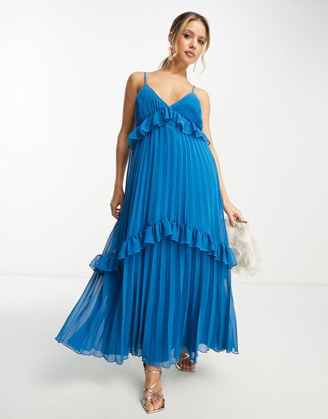 ASOS DESIGN strappy pleated midi dress with frills in blue