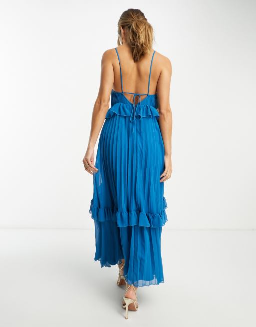 ASOS DESIGN strappy pleated midi dress with frills in blue