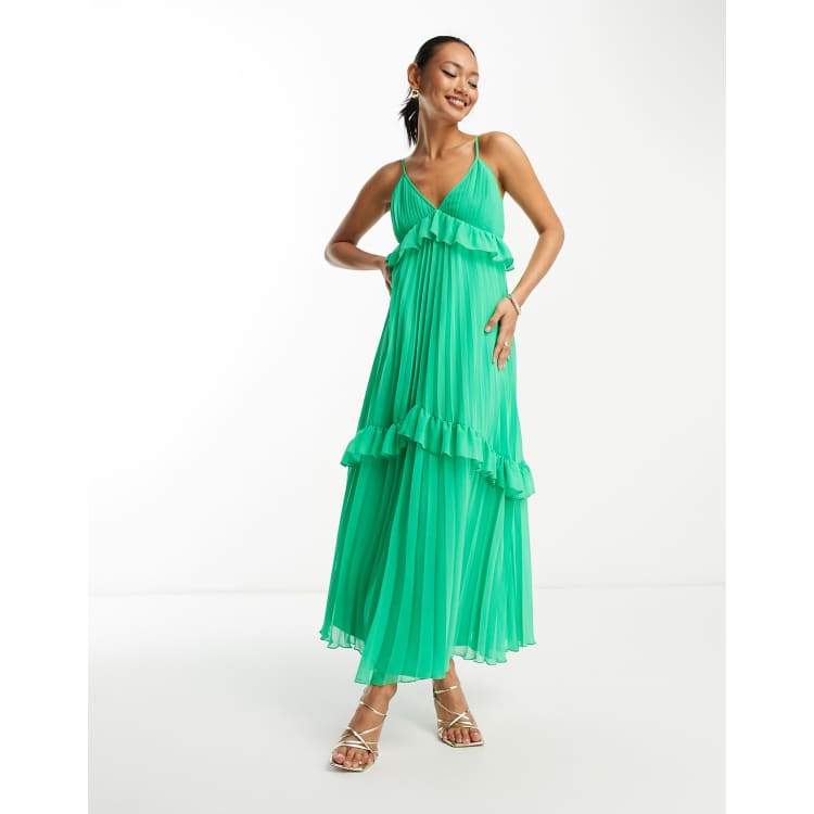 emerald green frill detail pleated midi dress