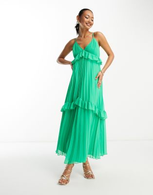 Asos Design Strappy Pleated Midi Dress With Ruffles In Green
