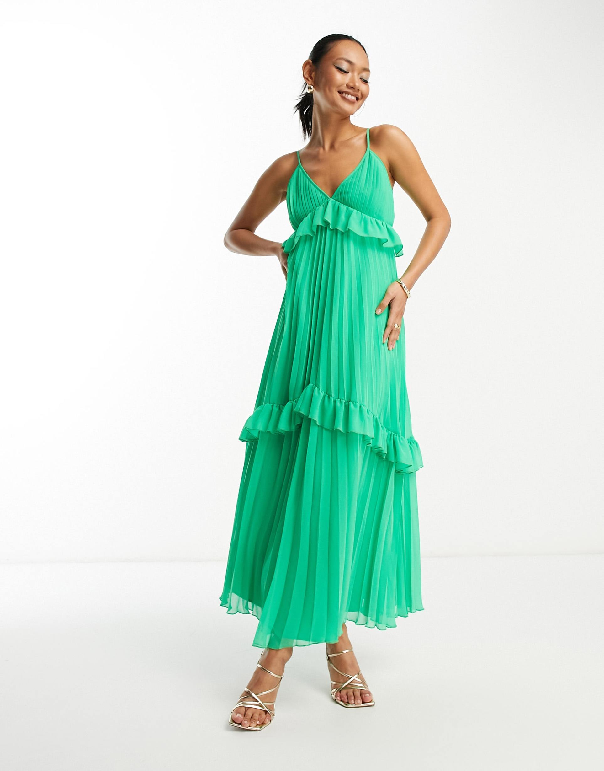 asos design strappy pleated midi dress with ruffles in green
