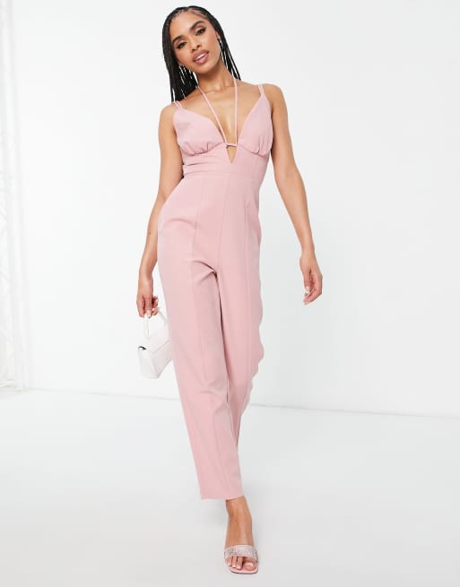 ASOS DESIGN satin halter neck backless wide leg jumpsuit in floral print