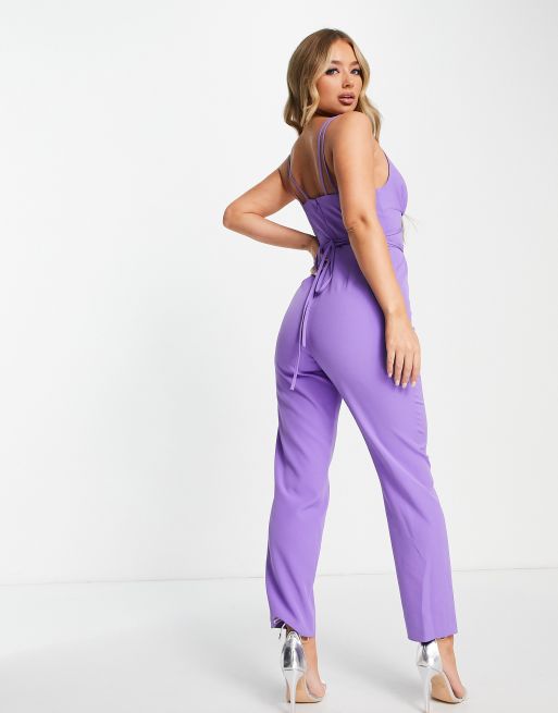 ASOS DESIGN plunge halter jumpsuit with peg leg in cobalt