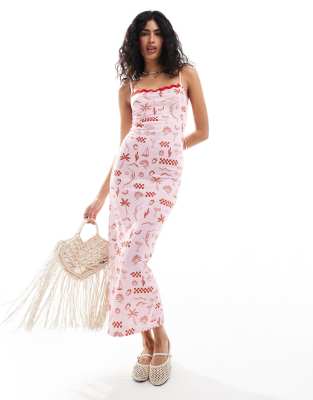 Asos Design Strappy Rikrak Trim Midi Dress In Red Postcard Print-multi
