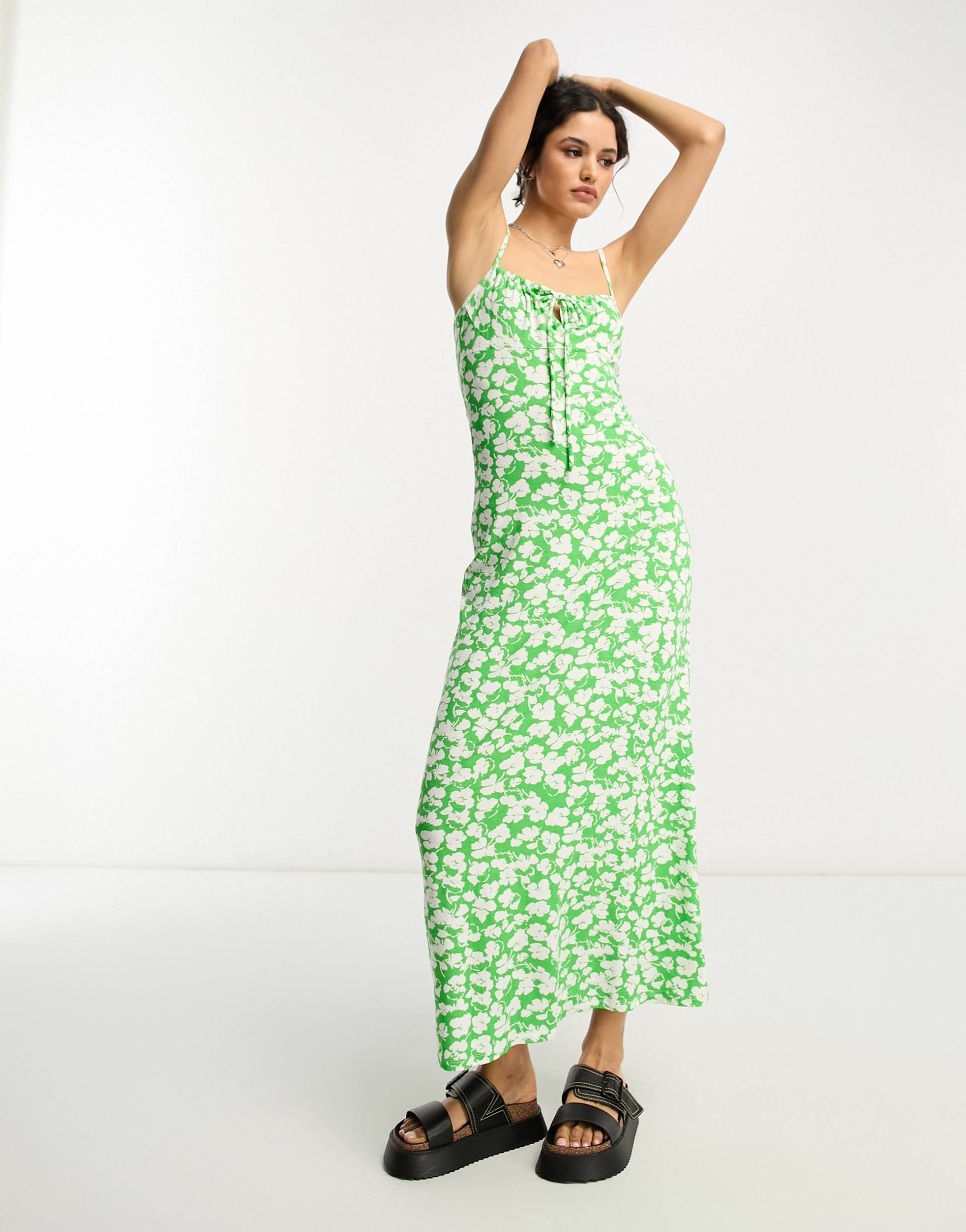 asos design strappy ruched bust midi dress in green and white floral