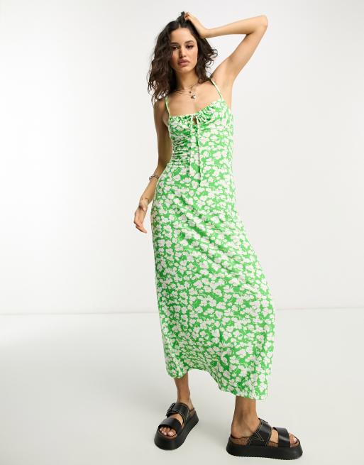 ASOS DESIGN strappy ruched bust midi dress in green and white floral