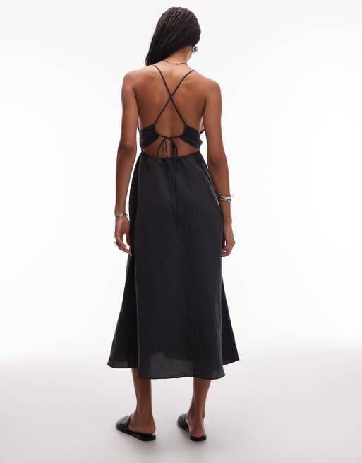 ASOS Design strappy ruched halter cami dress in Black
