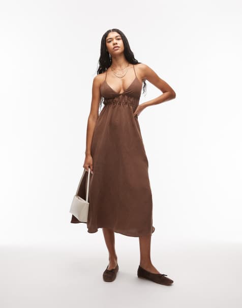 ASOS DESIGN strappy ruched halter cami dress in chocolate - view 1