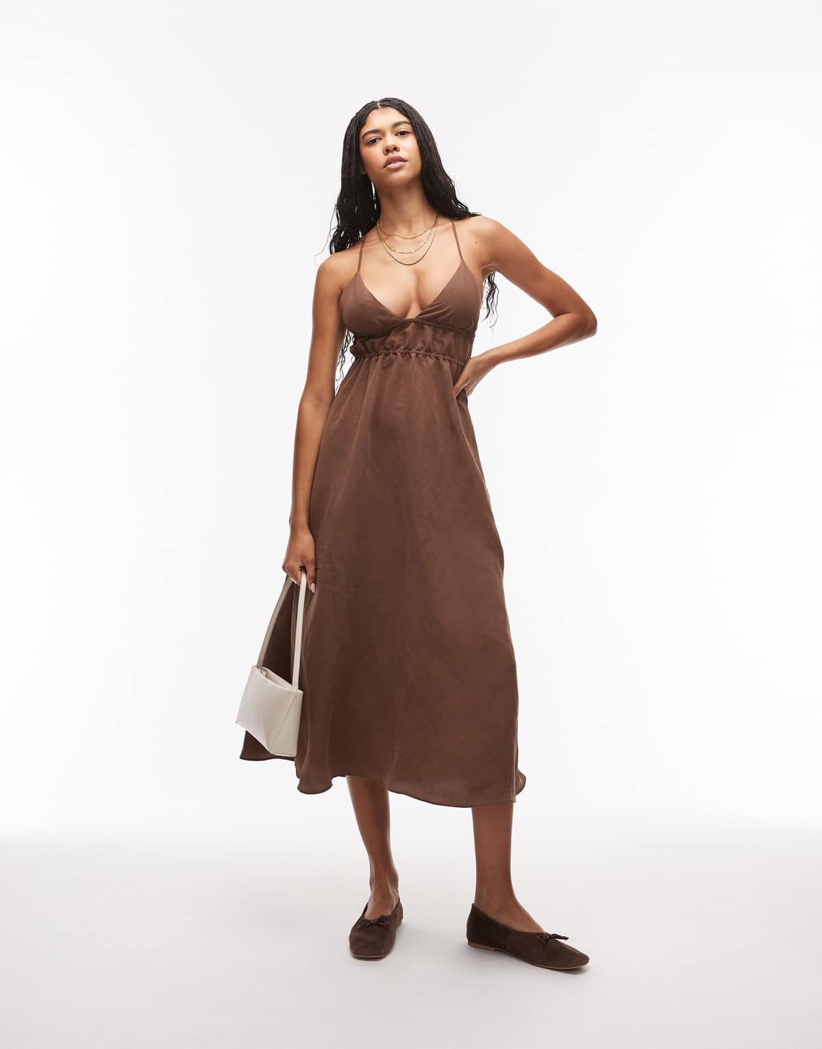 ASOS DESIGN strappy ruched halter cami dress in chocolate