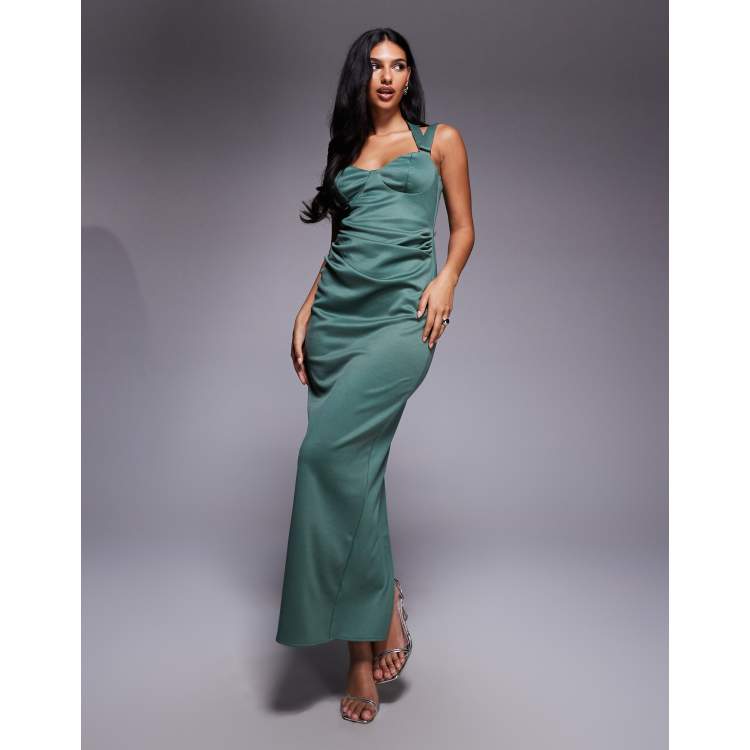 sage green satin ruched cup strappy midi dress Sage Green Satin Ruched Cup Strappy Midi Dress