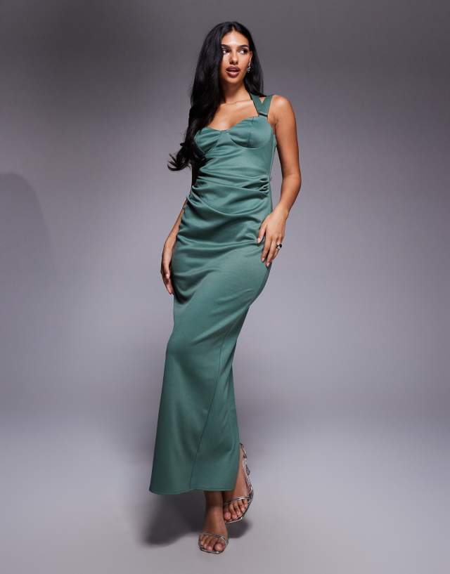 sage green satin ruched cup strappy midi dress ASOS DESIGN maxi with detail in dark - MGREEN size-14-16