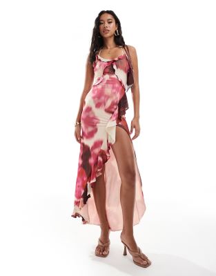 asos design strappy ruffle detail maxi dress in pink floral print