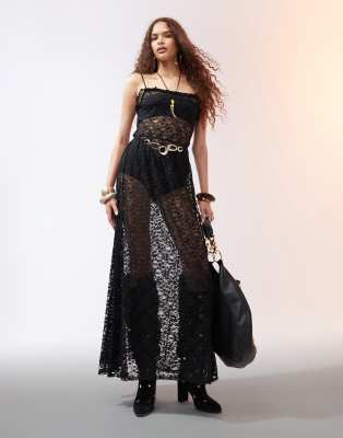 Asos Design Strappy Ruffle Lace Maxi Dress With Belt In Black