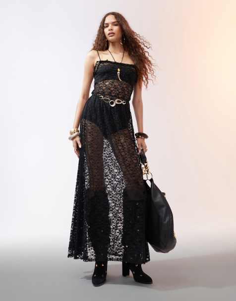 ASOS DESIGN strappy ruffle lace maxi dress with belt in black - view 1