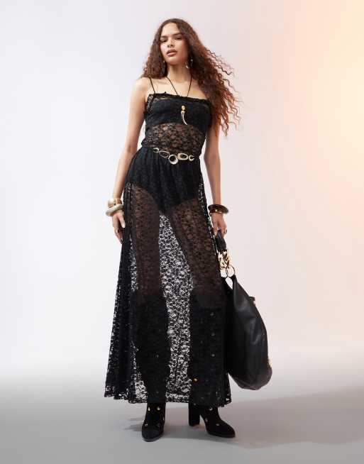 ASOS DESIGN strappy ruffle lace maxi dress with belt in black