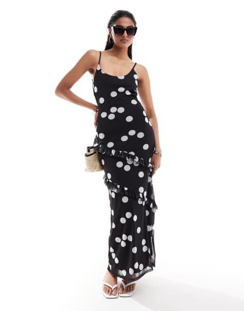 ASOS DESIGN strappy ruffle maxi dress with tie back in mono spot print - view 1