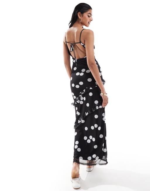 ASOS DESIGN strappy ruffle maxi dress with tie back in mono spot print