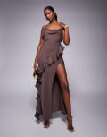 [ASOS DESIGN] ASOS DESIGN strappy satin cowl neck ruffle detail maxi dress in chocolate-Brown 8 Chocolate