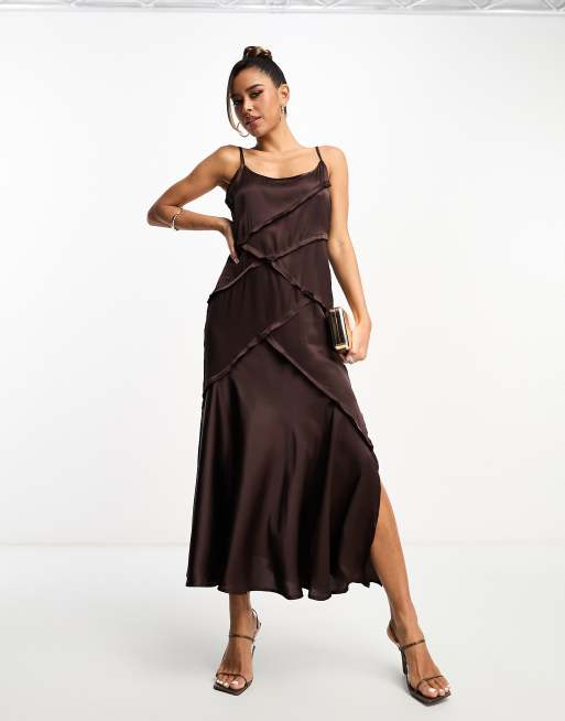 ASOS DESIGN corset detail cut out strappy midi skater dress in chocolate