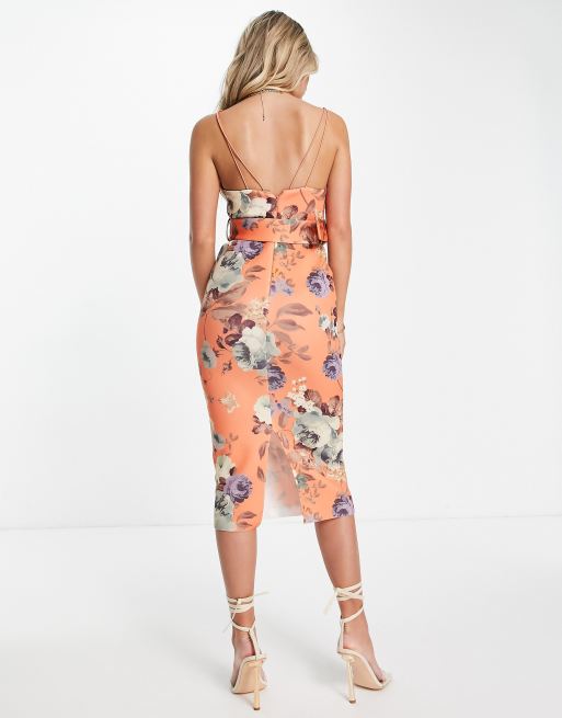 ASOS DESIGN strappy seamed belted midi pencil dress in orange floral print