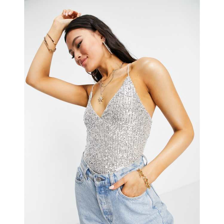 Silver Glitter Bandeau Cupped Bodysuit, Tops