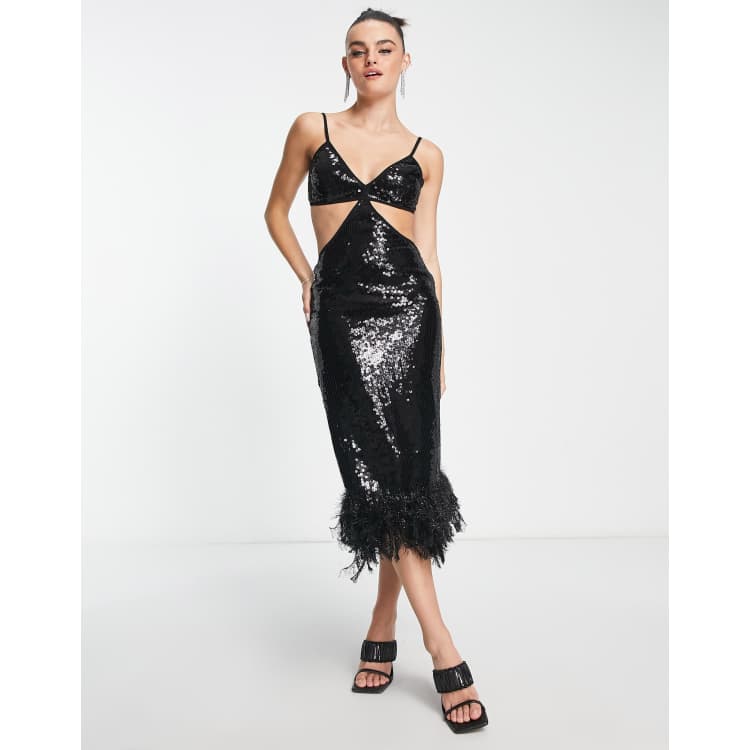 ASOS DESIGN strappy sequin maxi dress with faux feather hem detail in black